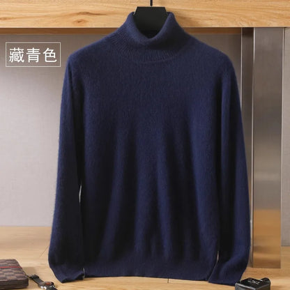 Men's Pure Mink Velvet Cashmere Sweater - High Lapel Long Sleeve Knitted Winter Luxury Pullover Top