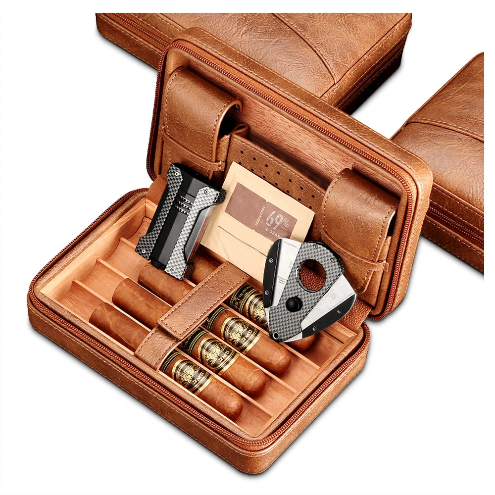 GALINER Cigar Humidor Box – Travel Leather Case with Cedar Wood Lining, Includes or Excludes Lighter, Cigar Cutter & Humidity Control Pack