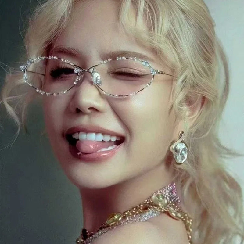 Luxury Diamond Oval Sunglasses - Rhinestone Metal Frame Fashion Eyewear for Men and Women Driving Style