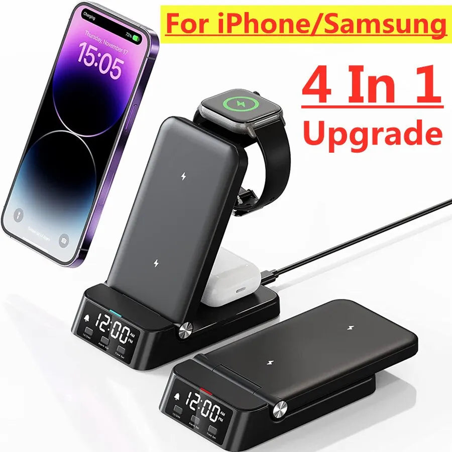 15W 4-In-1 Wireless Charger Stand: Fast Charging Dock Station for iPhone 14/13/12/11/X, Samsung Galaxy S22/S21, Apple Watch, Airpods