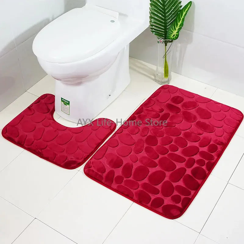 2PC Set Funnel Cobblestone Anti-Slip Bathroom Mat - Toilet Rug, New Bath Mat Set