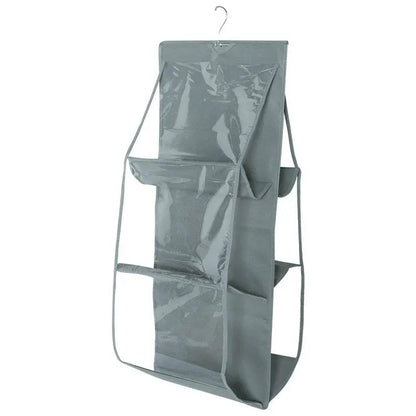 6-Pocket Hanging Handbag Organizer – Gray Waterproof Storage Bag with Hanger for Closet, Door & Wall