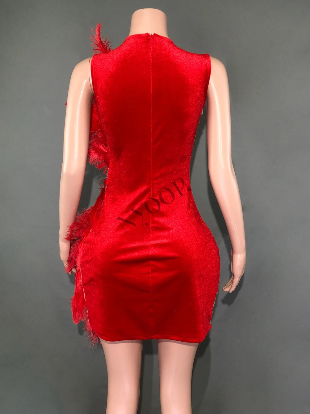 Sparkly Rhinestone Mesh Velvet Feather Mini Dress - Sleeveless Birthday & Dance Performance Costume