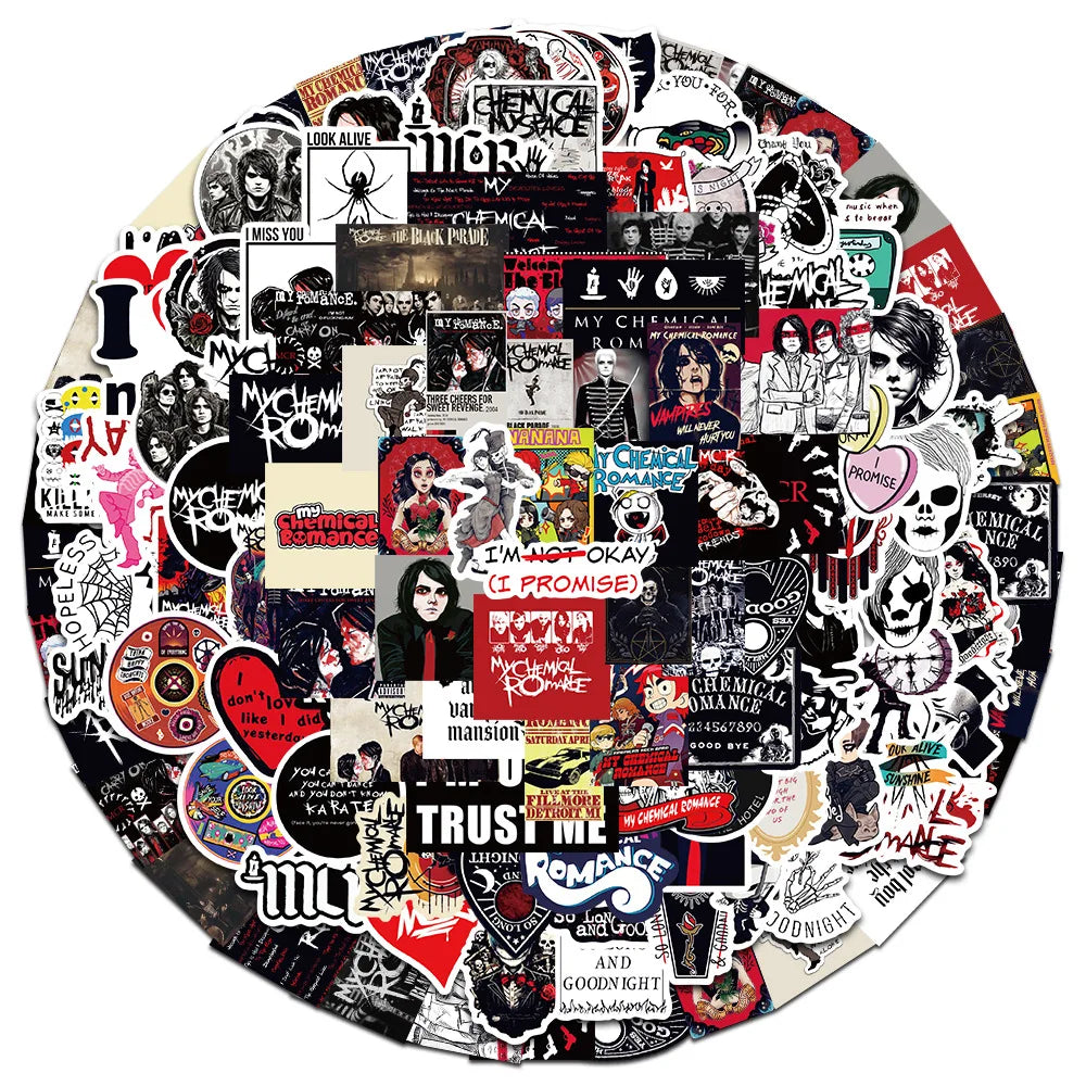 100-Piece My Chemical Romance Sticker Set - Waterproof Vinyl Decals for Laptops, Phones, Guitars, and Luggage