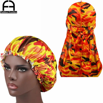 Camo Silky Durag & Bonnet Set - Ankara Print Sleeping Cap and Turban for Women