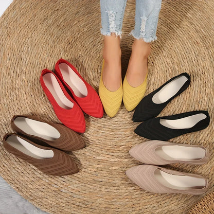 Women’s Pointed Toe Knitted Slip-On Flats – Solid Color Casual Breathable Ballet Loafers