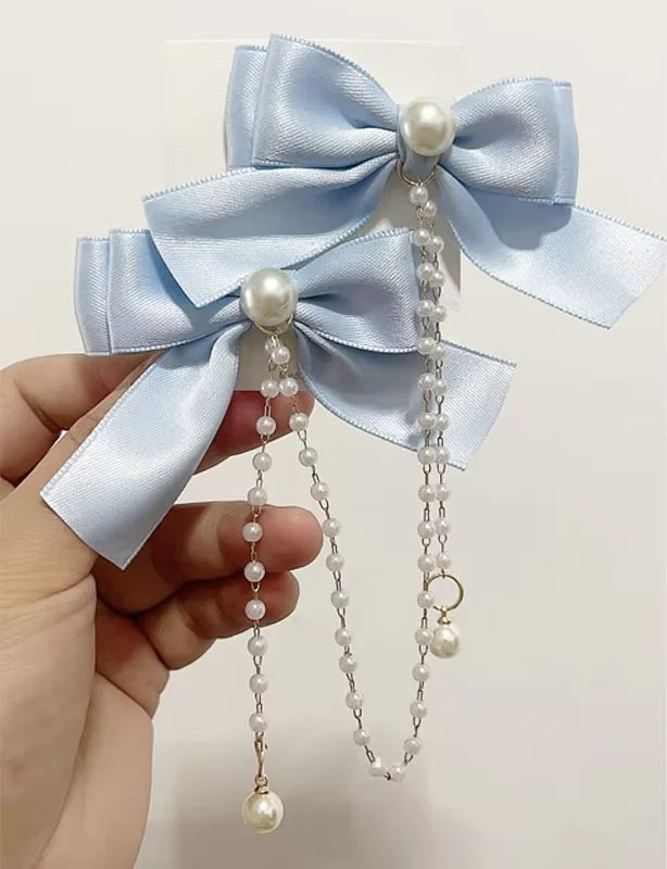 Sweet Princess Pink Pearl Bow Hair Clip – Cute Chain Hairpin for Women & Girls Back Head Fashion Hair Accessories