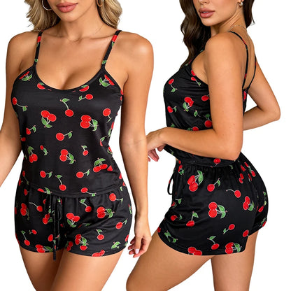 2Pcs Women’s Satin Pajama Set - Sexy Strap Vest Top & Shorts Nightwear Lingerie Sleepwear Outfit