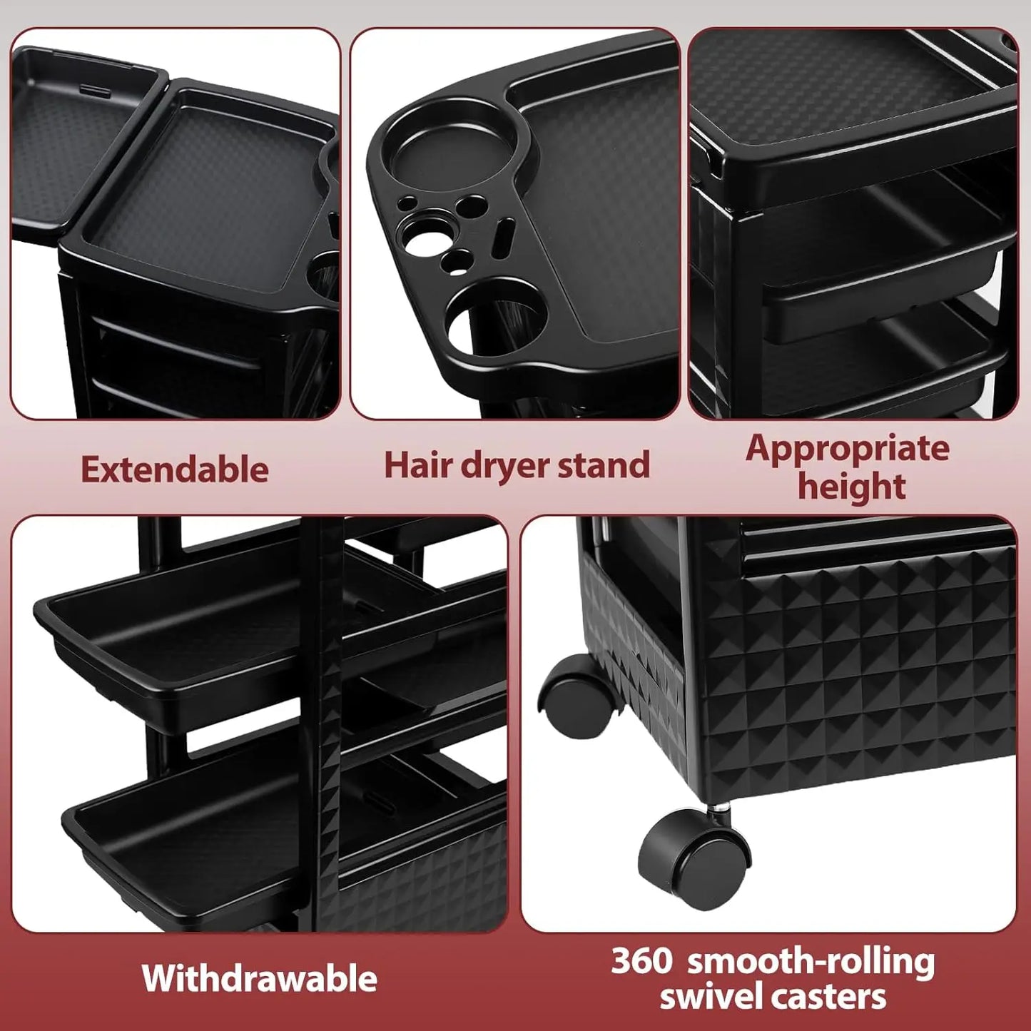 5-Tier Black Salon Rolling Cart – Mobile Hairdressing & Makeup Storage Trolley with Wheels for Nail and Cosmetology Supplies