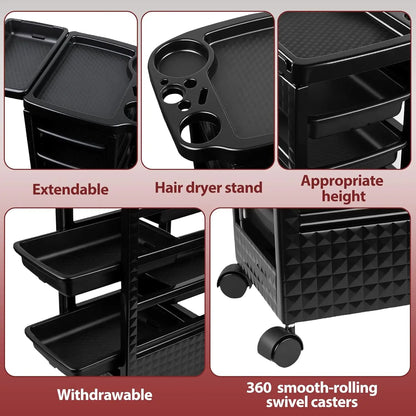 5-Tier Black Salon Rolling Cart – Mobile Hairdressing & Makeup Storage Trolley with Wheels for Nail and Cosmetology Supplies
