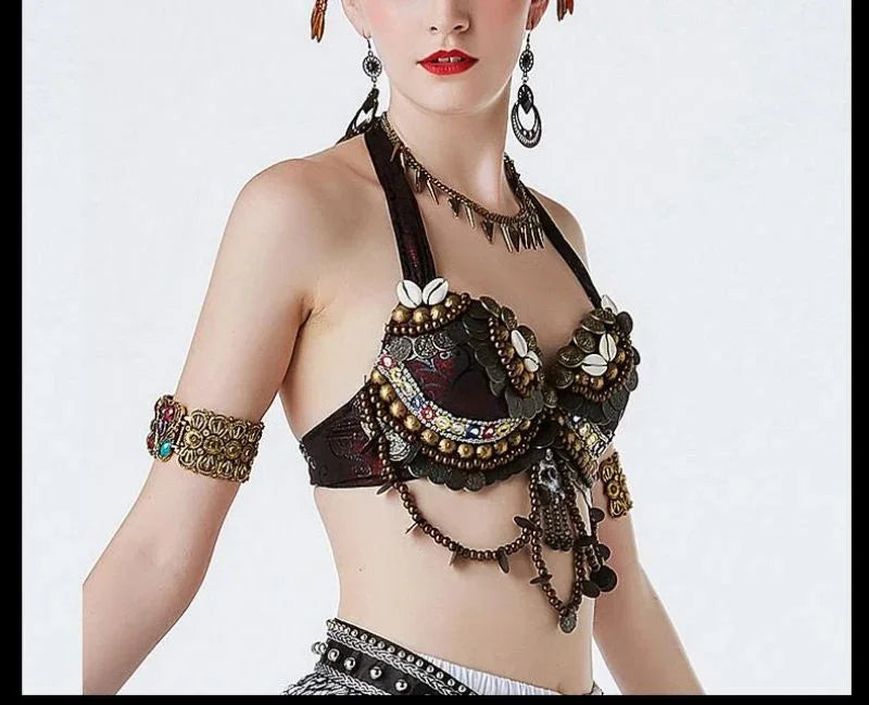 Women’s Hand-Beaded Adjustable Tribal Bra – Belly Dance & Gypsy Performance Costume
