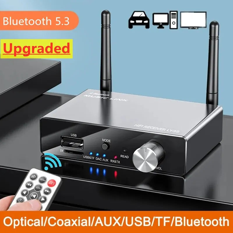 Bluetooth 5.3 Transmitter Receiver Stereo Low Latency AUX 3.5mm Optical Wireless Music Audio Adapter with Remote Control - for TV, PC