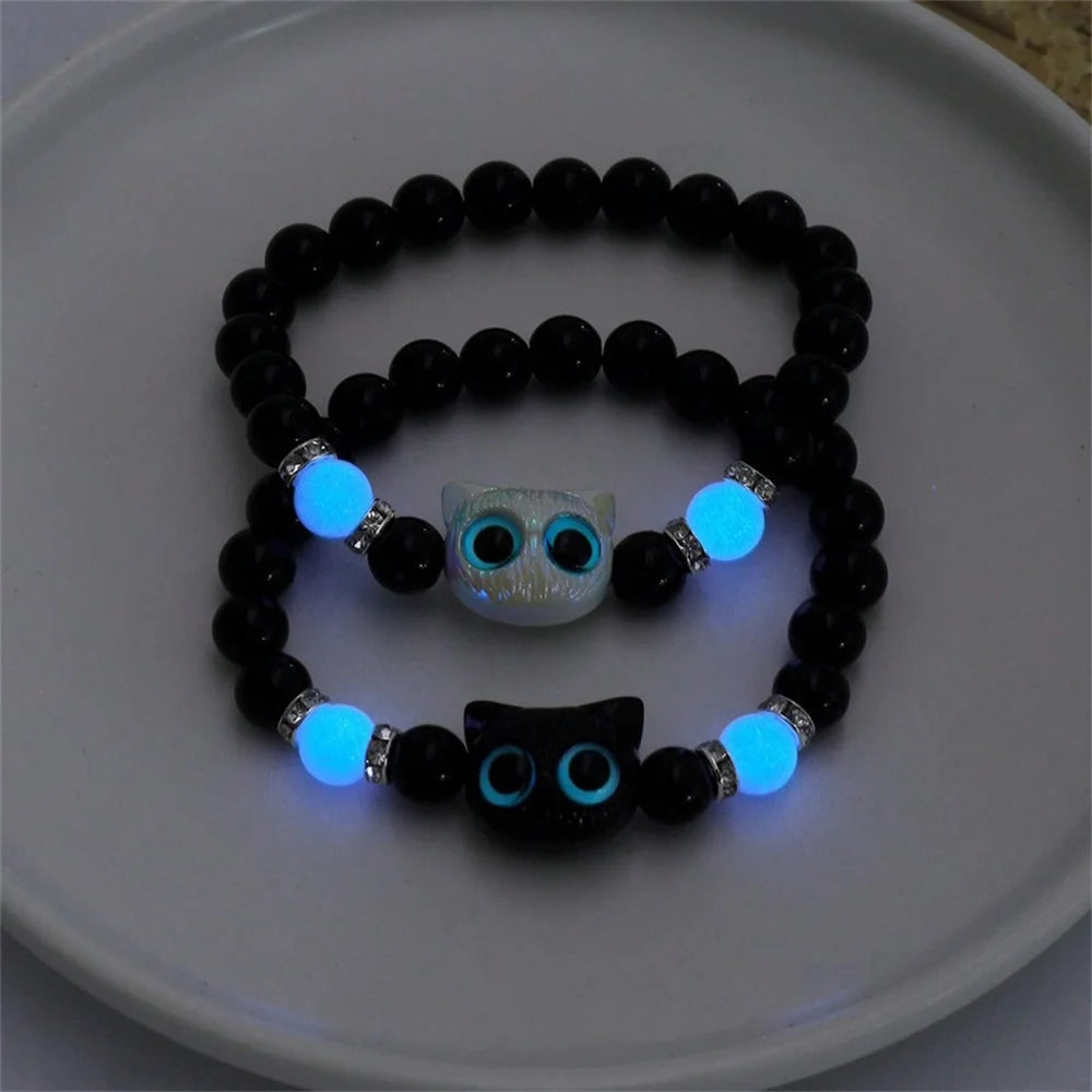 Luminous Cat Matching Bracelets for Couples | Glow-in-the-Dark Black & White Friendship Bangles | Cute Gift for Him & Her