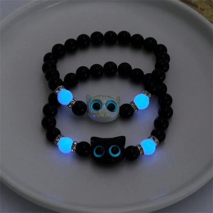Luminous Cat Matching Bracelets for Couples | Glow-in-the-Dark Black & White Friendship Bangles | Cute Gift for Him & Her
