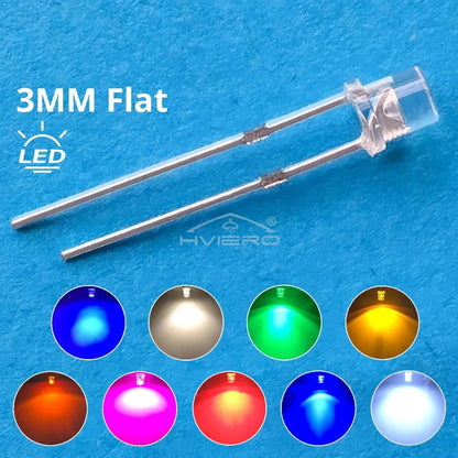 100x 3mm Flat Head LED Bulbs - Bright Wide Angle Light Emitting Diodes for DIY Electronics & Decorations