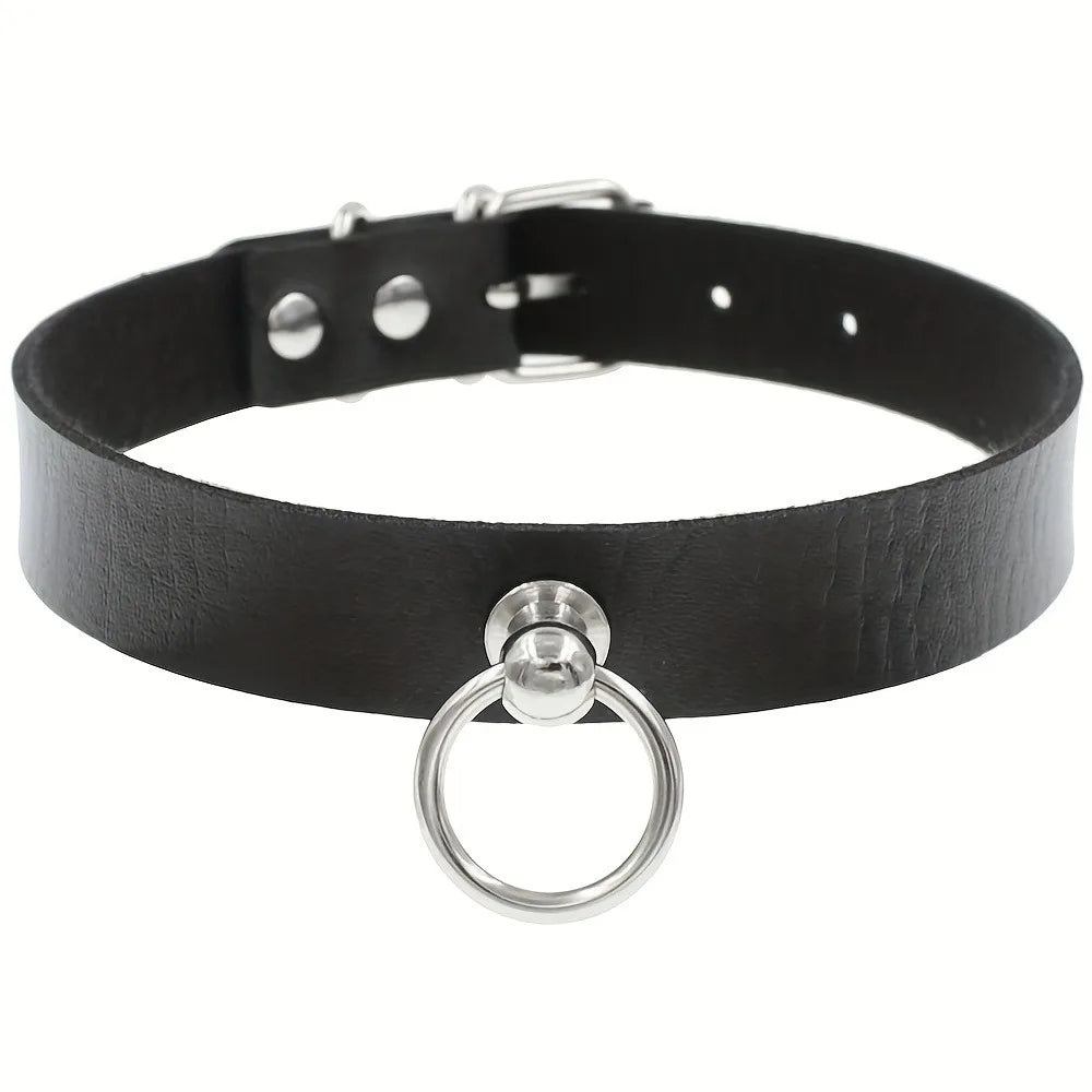 Gothic Punk PU Leather O-Ring Choker - Adjustable Collar Necklace for Women, Halloween & Alternative Fashion
