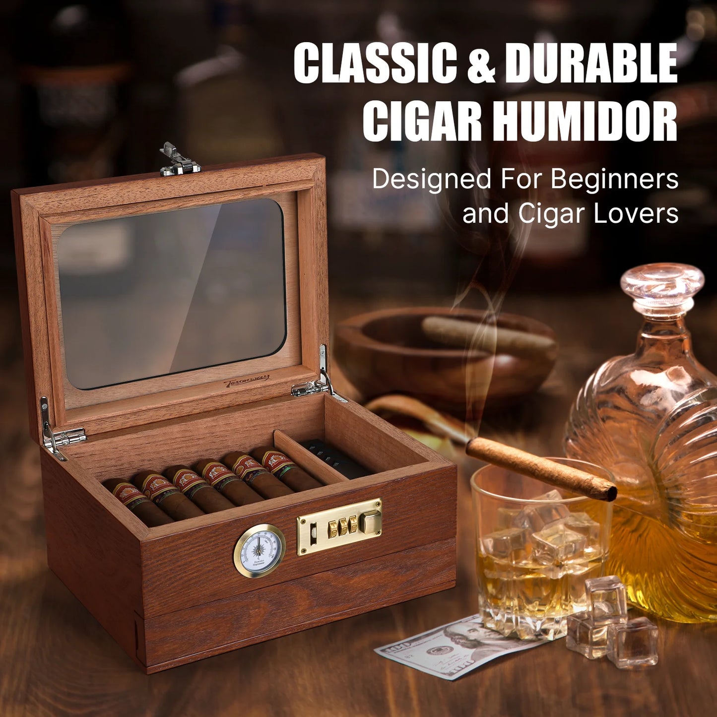 Cedar Wood Cigar Humidor – Glass Top Desktop Cigar Box with Front Hygrometer, Humidifier, Divider, and Accessories Drawer
