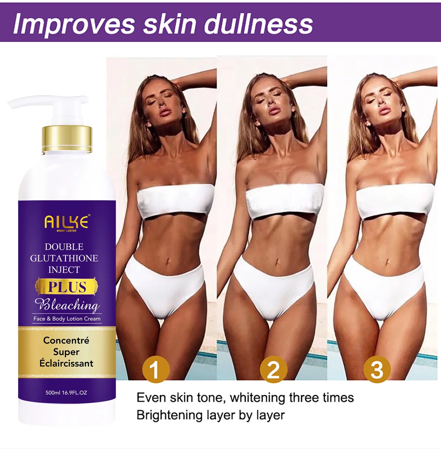 AILKE Glutathione Lightening Body Lotion – Moisturizing & Hydrating for Even Skin Tone and Dark Spot Improvement