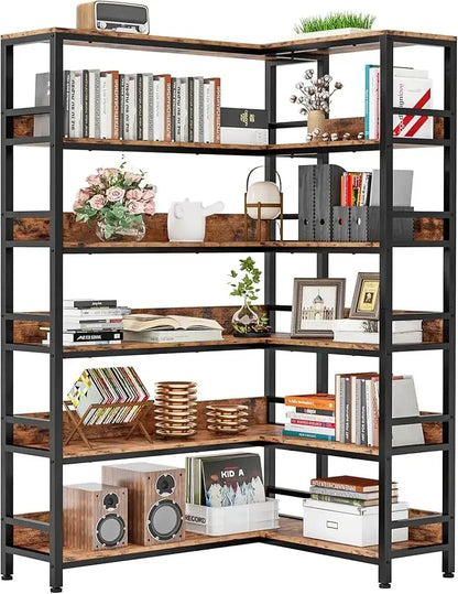 6 Tier Industrial Corner Bookshelves with Baffles - Metal Frame Shelf Storage Rack for Living Room & Home Office