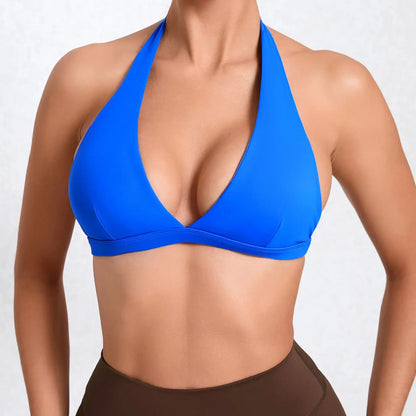 WANAYOU Women’s Deep V Yoga Bra — Halter Sports Crop Top | Padded Open-Back Gym & Fitness Workout Top