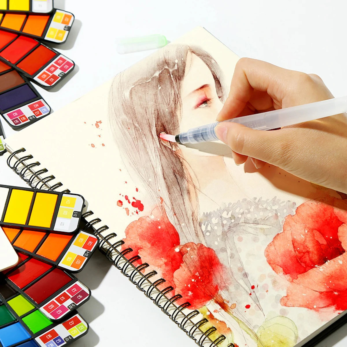 18–42 Color Solid Watercolor Set – Foldable Travel Paint Kit with Water Brush Pen & Fan-Shaped Art Painting Tools