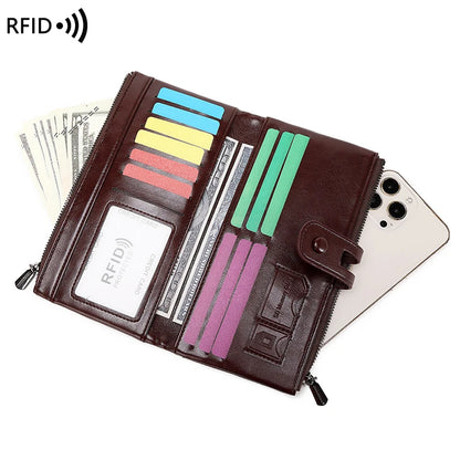 RFID Blocking Large Capacity Wallet – Soft Leather Solid Color Clutch, Multi-Functional Zipper Purse for Women & Men