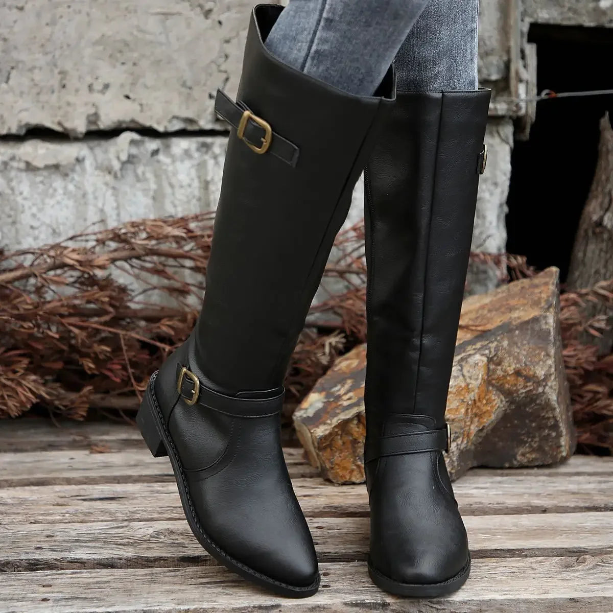 Women’s Winter High-Top Knight Boots – Side Zipper & Belt Buckle, Pointed Toe, PU Material with Cotton Lining