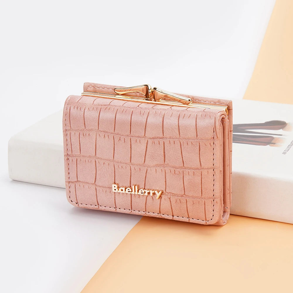 Baellerry Short Women’s Wallet — Crocodile Pattern Coin & Card Holder with Photo Slots, Hasp Purse for Girls