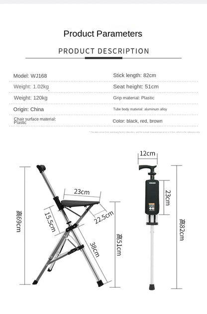 Multi-Functional Non-Slip Walking Stick with Seat – One-Key Foldable Crutch Chair, Triangular Bracing Elderly Hiking Pole Walker