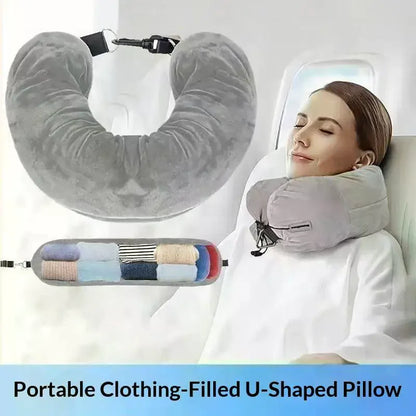 Travel U-Shaped Neck Pillow with Fillable Clothing Storage Bag – Crystal Fleece Pillowcase for Airplane & Comfort Travel Support