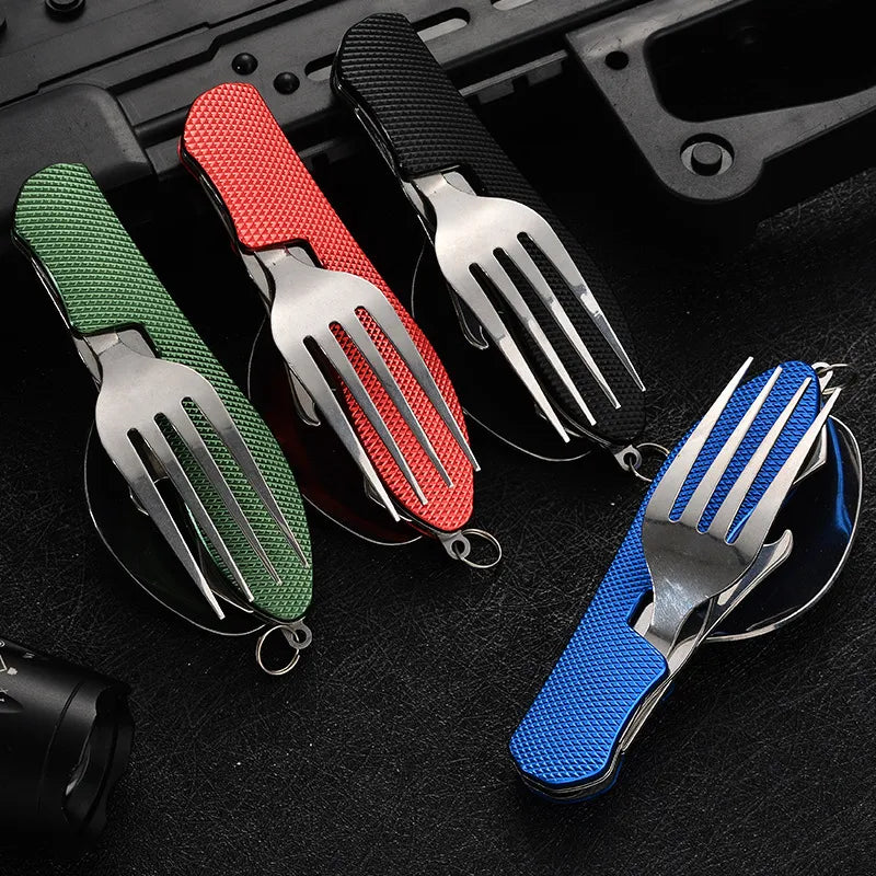 4-in-1 Foldable Tableware Set - Stainless Steel Spoon, Fork, Knife, and Bottle Opener - Compact Pocket Kits for Outdoor Use