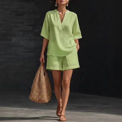Women’s Cotton Linen Two Piece Set - Casual Spring Summer Drawstring Blouse & Ruffle Shorts Outfit