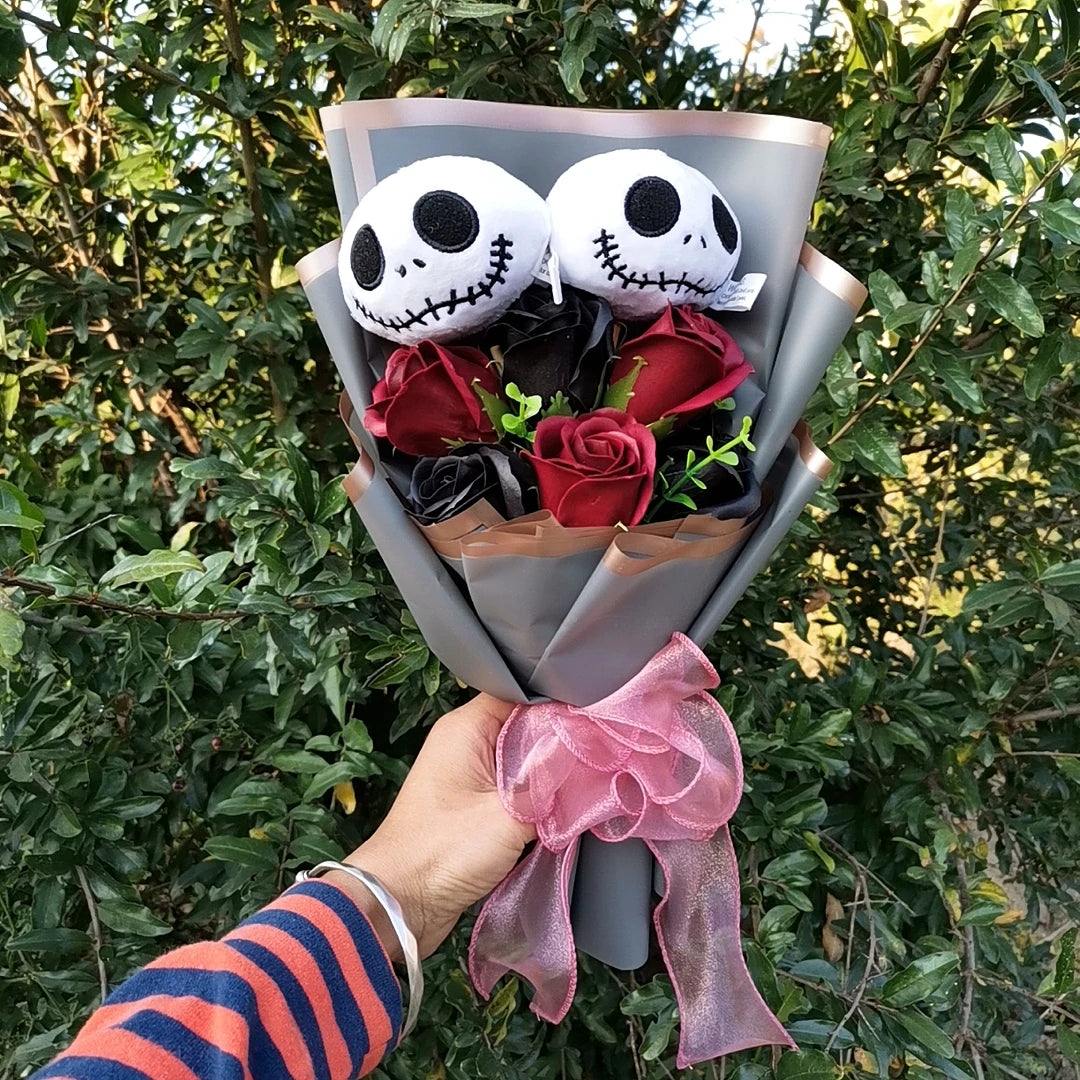 Halloween Jack Skellington Plush Bouquet – Doll Toy with Soap Rose Flower, Terror Skull & Ghost for Christmas & Valentine’s Day Gifts