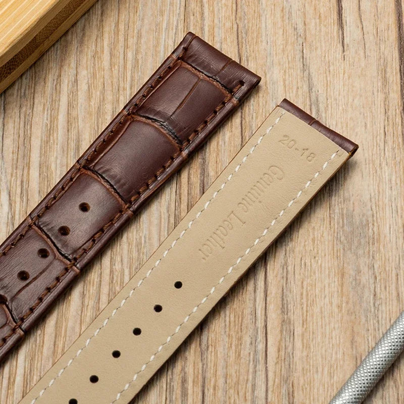 Genuine Leather Watch Band with Wooden Box – Replacement Strap with Butterfly Clasp, 18mm 20mm 22mm Bracelet Accessory