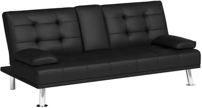 Modern Black PU Leather Futon Sofa Bed – Convertible Recliner Lounge with Folding Design & 2 Cup Holders