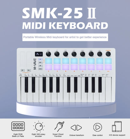M-VAVE SMK-25 II MIDI Pad Controller Keyboard – 25 Key USB Mini, 16 RGB Drum Pads, 8 Knobs, Music Production Software Included