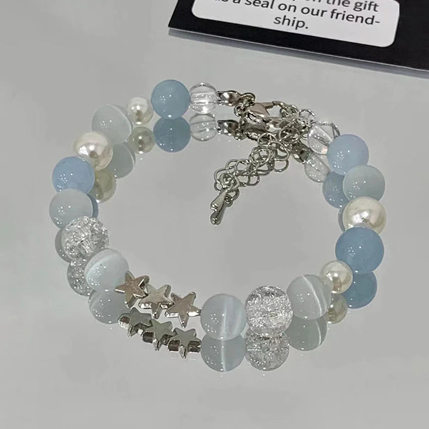 Korean Style Crystal Bead Bracelet - Flower Fox Feather Tassel Charm Jewelry Gift for Women Girls & Best Friends