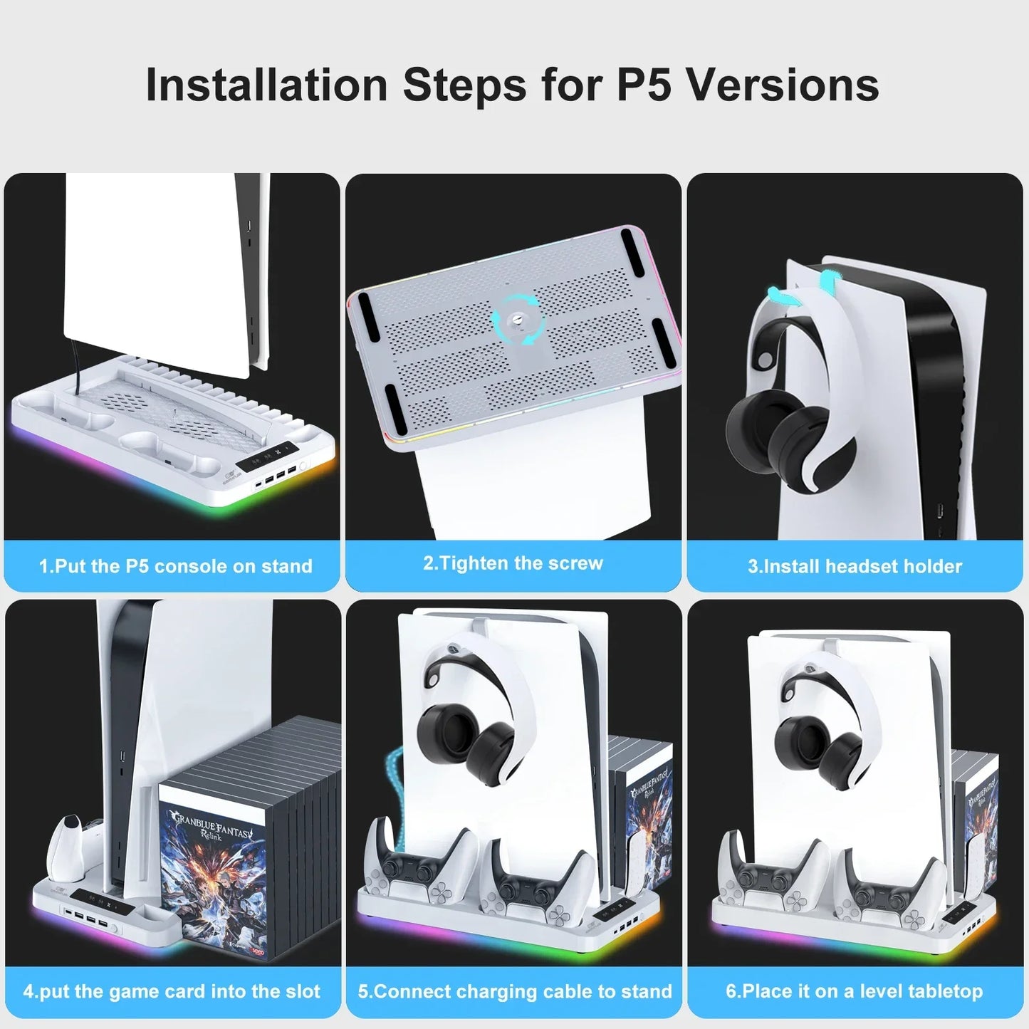 GAMINJA P58 RGB Cooling Stand for PS5 Slim – Console Charging Dock with Gamepad Charger, Headset Hook & Game Disc Storage Rack for Disc & Digital Edition