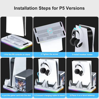 GAMINJA P58 RGB Cooling Stand for PS5 Slim – Console Charging Dock with Gamepad Charger, Headset Hook & Game Disc Storage Rack for Disc & Digital Edition