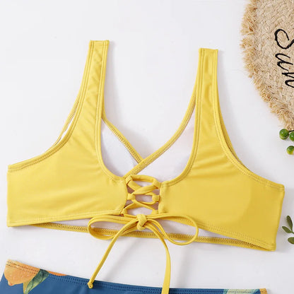 Vintage Printed Bikini Set – Women’s Cross Pleated Backless Lace-Up Push-Up Two-Piece Swimwear 2025 Beach Bathing Suit