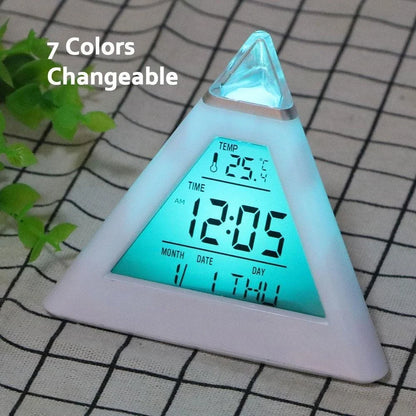 Triangular Digital LED Table Clock – 7-Color Changing Display, Temperature, Week, Alarm for Bedside & Room Decor