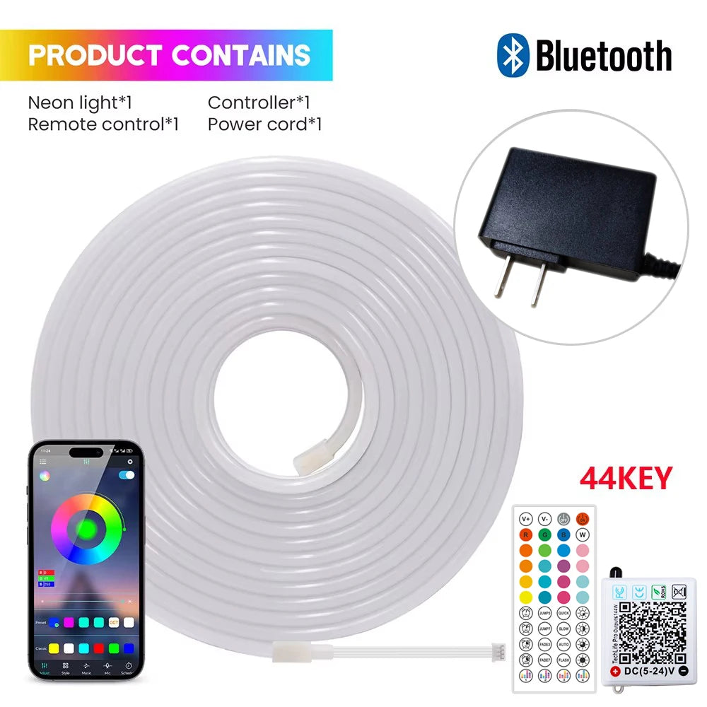 EU Plug DC24V RGB Neon LED Strip – 3535 Bluetooth Music Sync Waterproof Rope Light, 5-30M for Indoor & Outdoor Decor
