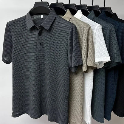Men’s Business Casual Short Sleeve Polo — Solid Color Floral Summer Shirt, Breathable & Comfortable