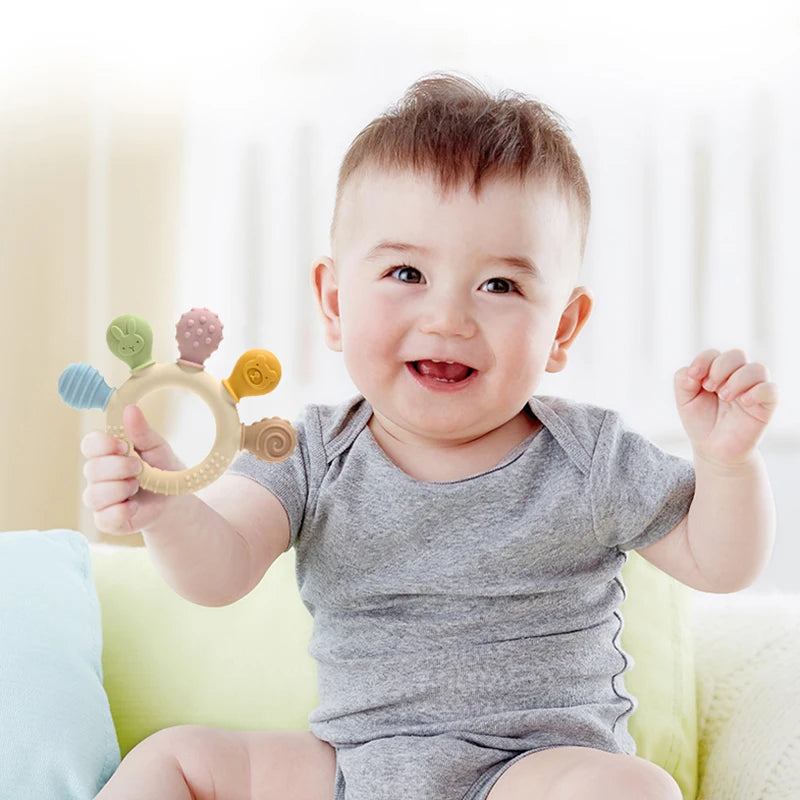 Multicolor Silicone Baby Teething Ring – Handheld Teether Toy for 0-12 Months, Chew Beads Sensory Gum Relief Soother