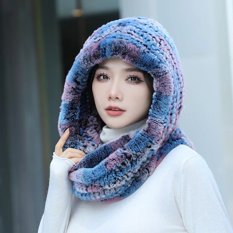 2025 Women’s Knitted Rex Rabbit Fur Hat – Hooded Scarf with Neck Collar, Long Winter Warm Fur Hat & Scarf Set