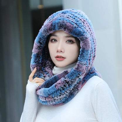 2025 Women’s Knitted Rex Rabbit Fur Hat – Hooded Scarf with Neck Collar, Long Winter Warm Fur Hat & Scarf Set
