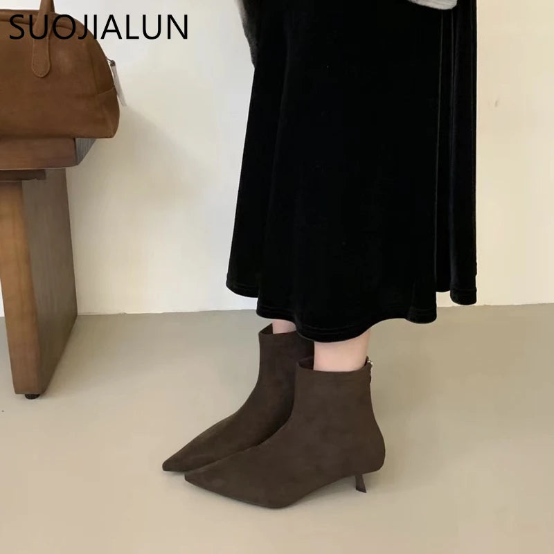 SUOJIALUN 2024 Winter New Women’s Short Boots – Fashion Pointed Toe, Elegant Ankle Boots with Thin High Heel Dress Pumps