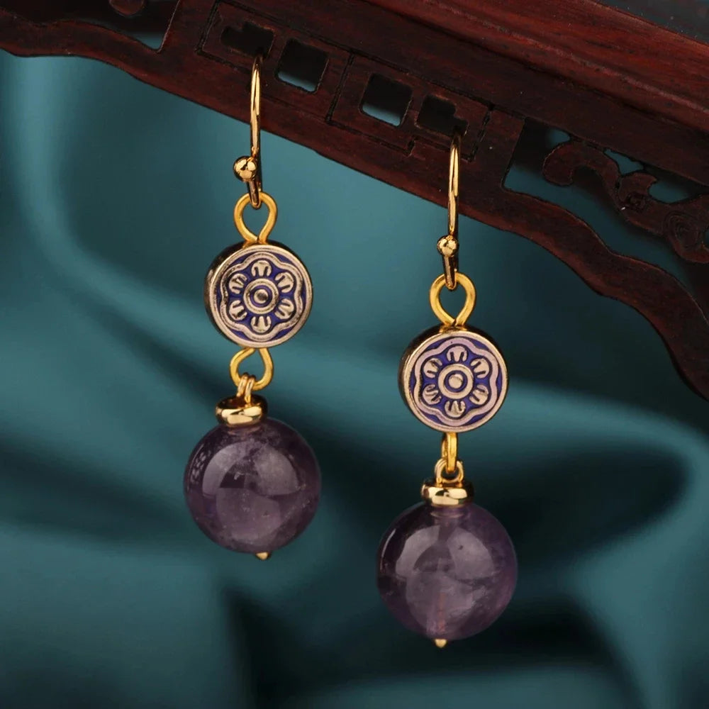 Vintage Flower Drop Earrings - Natural Stone Ethnic Jewelry for Women