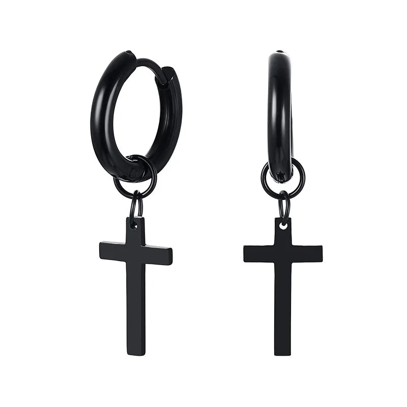 Stainless Steel Cross Charm Earrings - Men's Fashion Jewelry