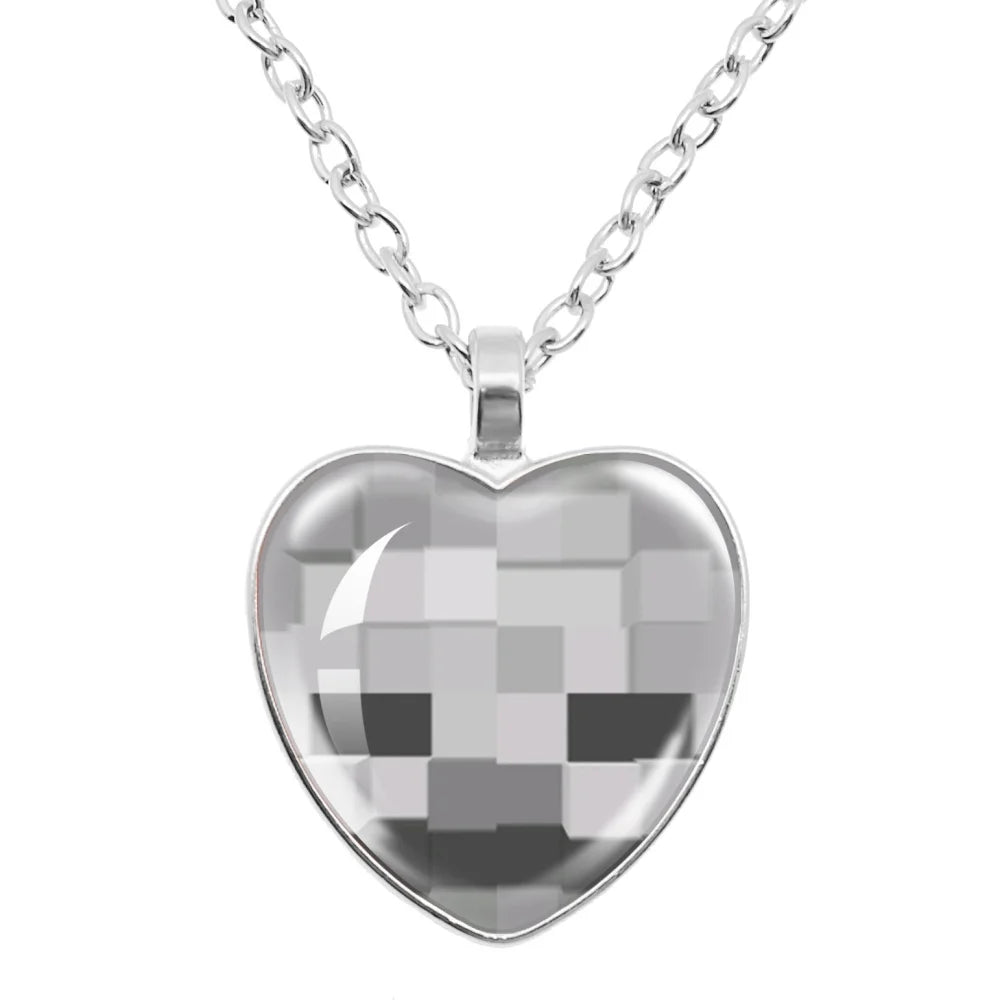 Funny Pixel Block Cartoon Pendant Necklace – 25mm Glass Heart-Shaped Charm, My World Theme Jewelry Gift